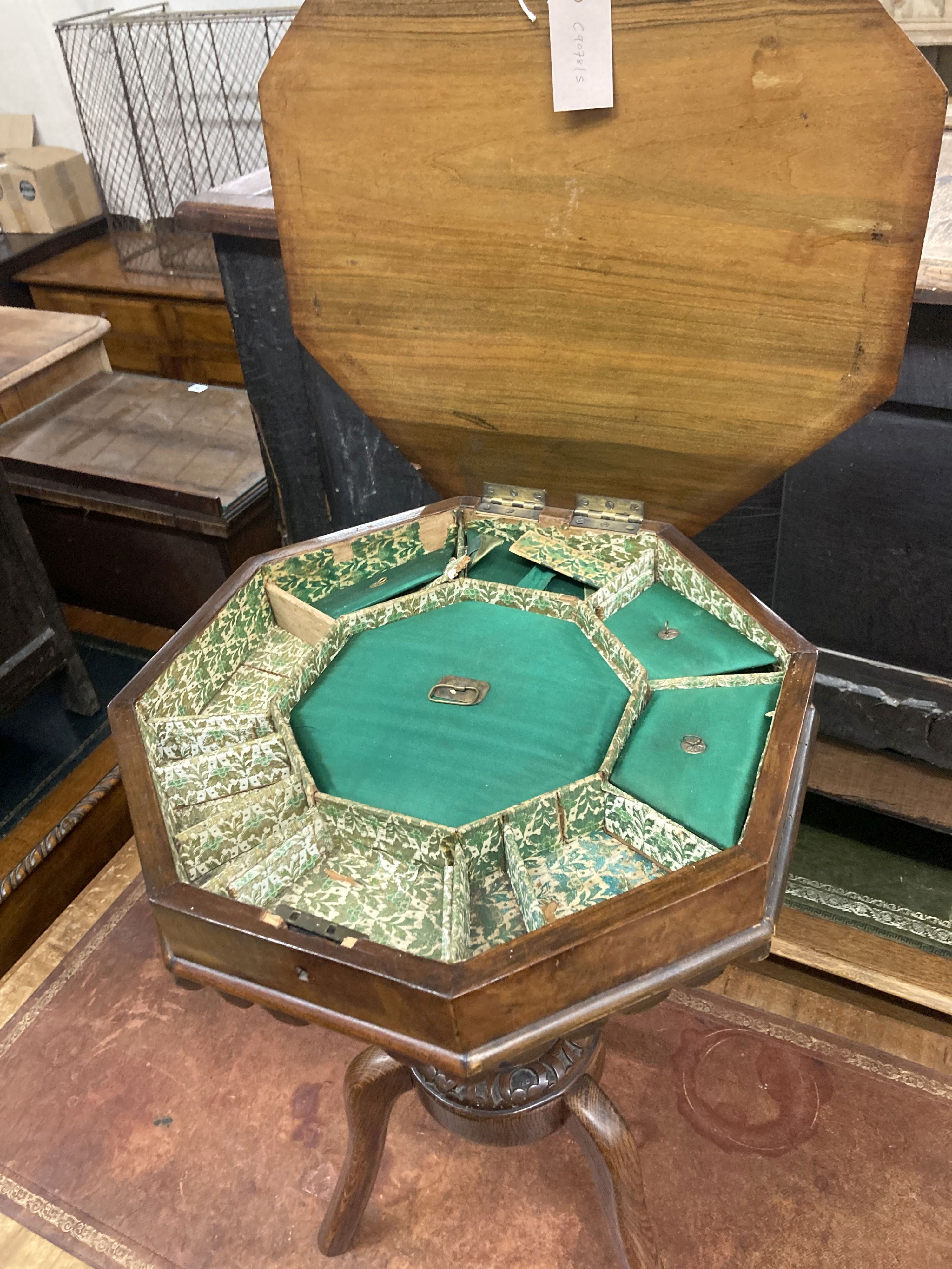 A Victorian walnut trumpet shaped work table on later oak supports, width 44cm, height 70cm